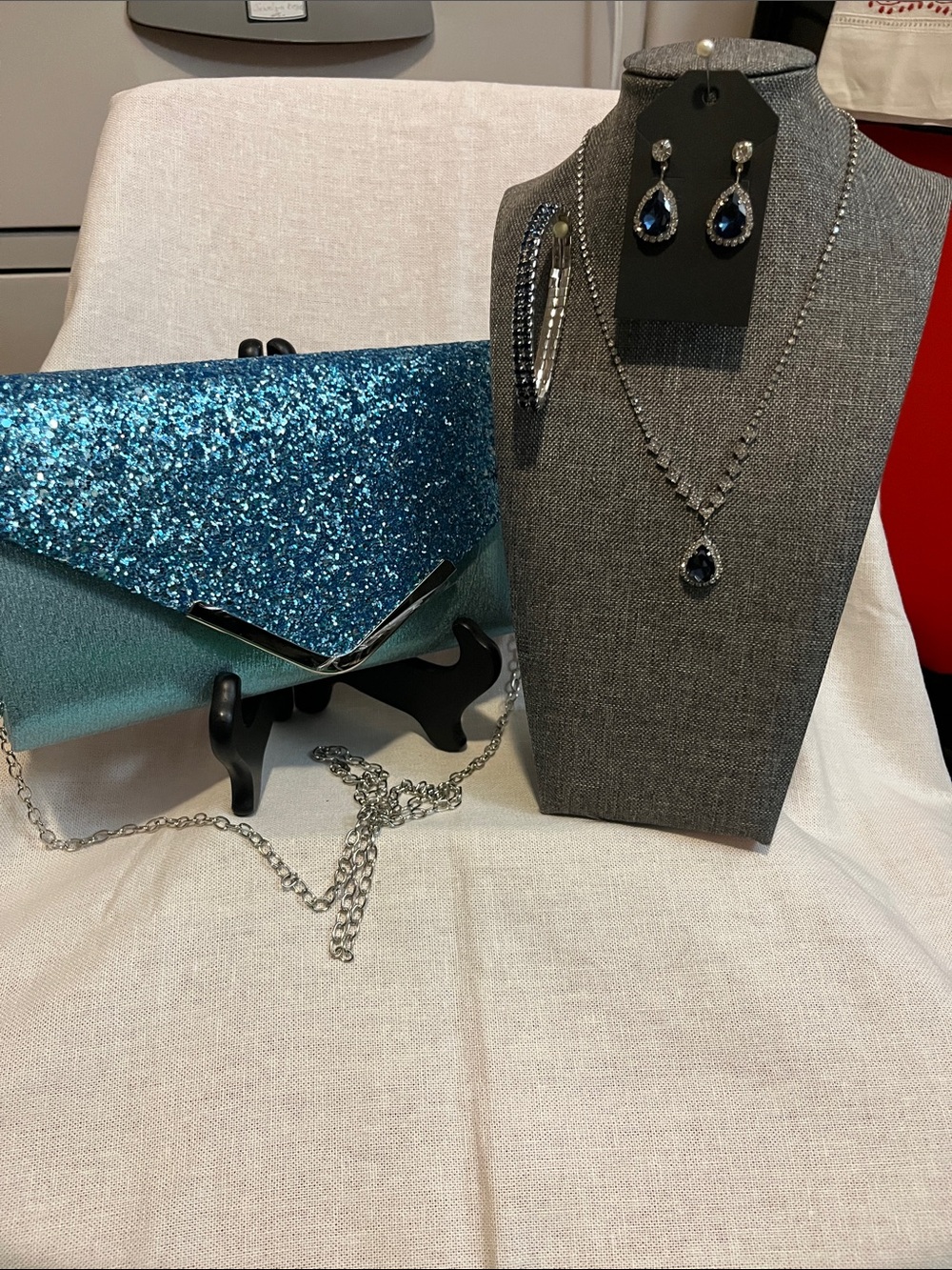 Gorgeous Teal Glitter Envelope Clutch with Silver Chain Matching Necklace